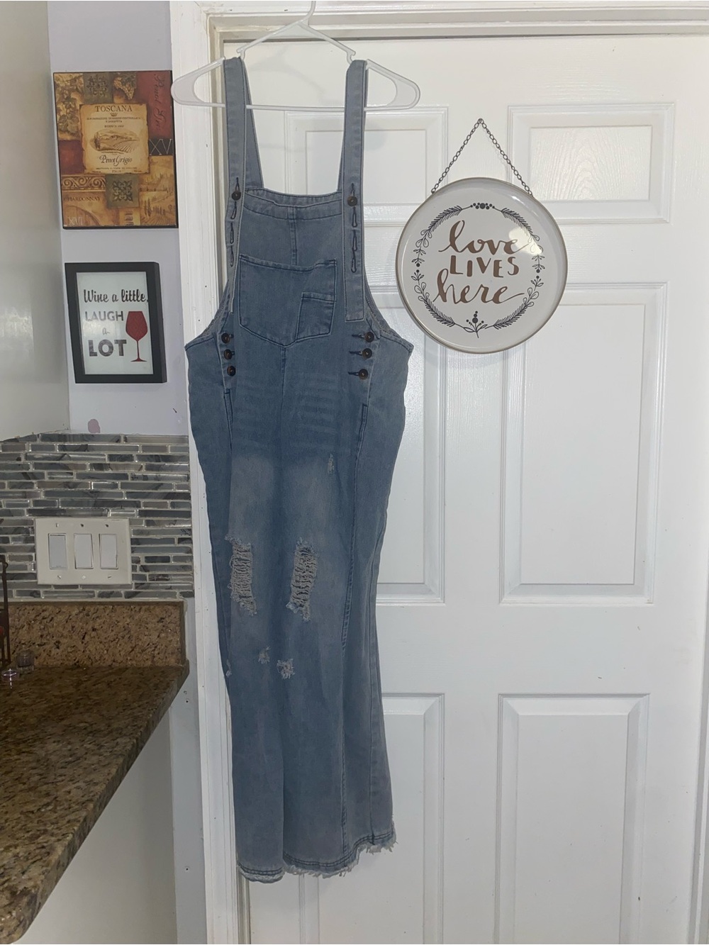 Distressed Light Blue Denim Overalls Dress